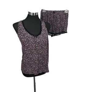 Rene Rofe Sleepwear Womens Small Black Pink Floral Lace‎ Racerback Pajama Set